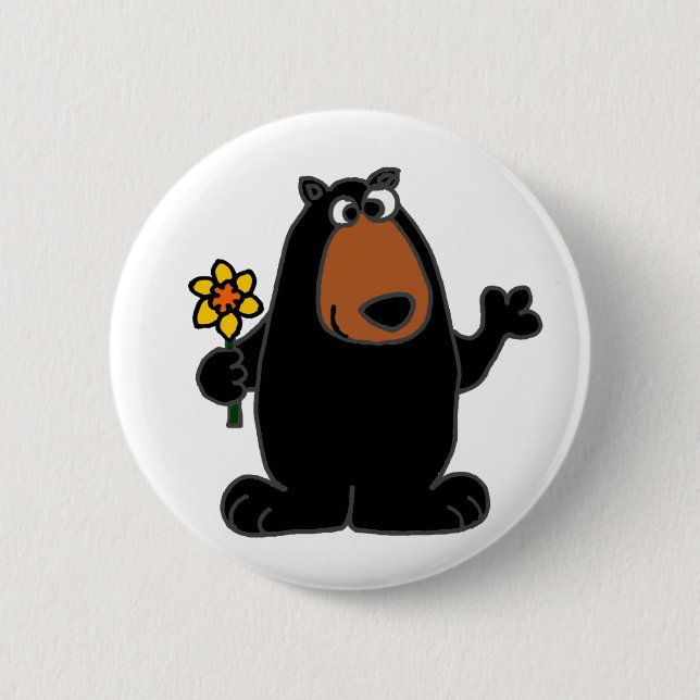 Niedlicher schwarzer Bär mit Narzissen-Cartoon Button (Vorderseite)