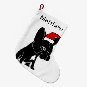 Niedlicher Schwarzer Bulldog in der Weihnachtsmann Großer Weihnachtsstrumpf