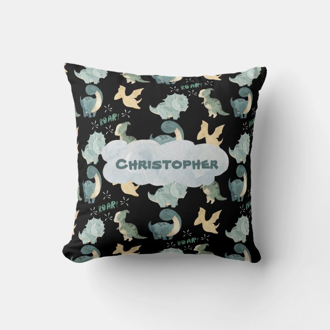 Niedlicher schwarzer Dinosaurier-Muster Aquamarine Kissen (Vorderseite)