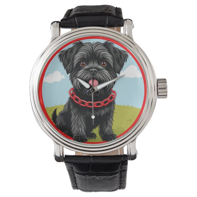 Niedlicher schwarzer Hund mit rotem Kollar im Cart Armbanduhr (Vorderseite)
