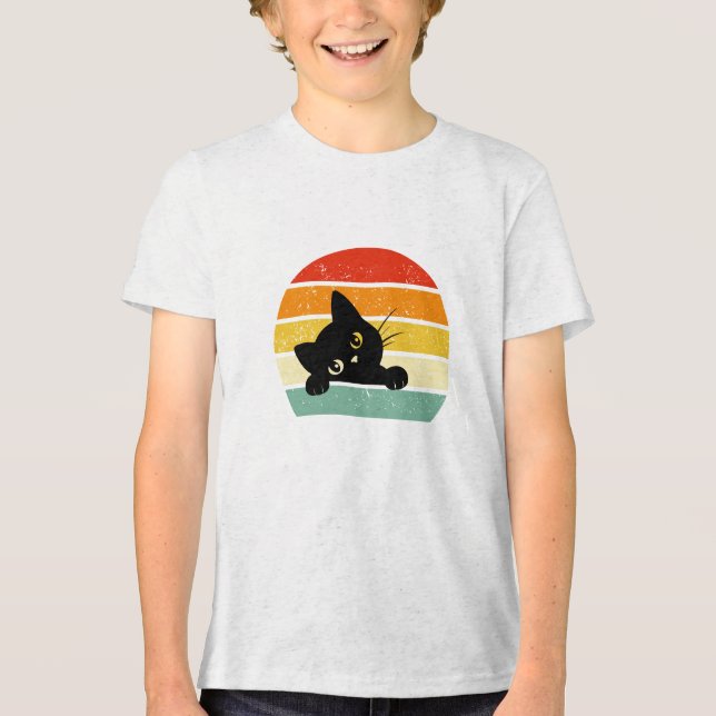Niedlicher schwarzer Katzenpeeking Retro-Sonnenunt Tri-Blend Shirt (Vorderseite)