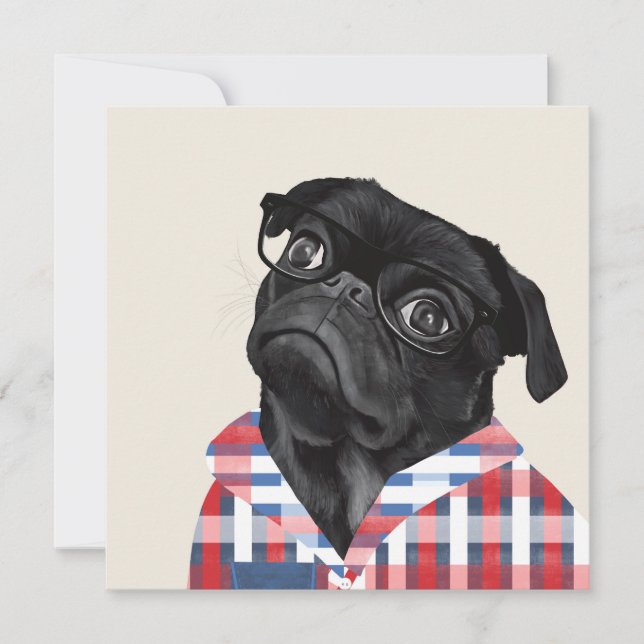Niedlicher Schwarzer Mops Hund mit Brille und Karo (Vorderseite)