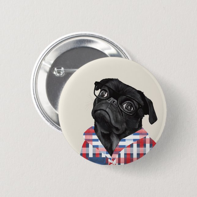 Niedlicher Schwarzer Mops Hund mit Brille und Karo Button (Vorne & Hinten)