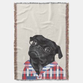 Niedlicher Schwarzer Mops Hund mit Brille und Karo Decke