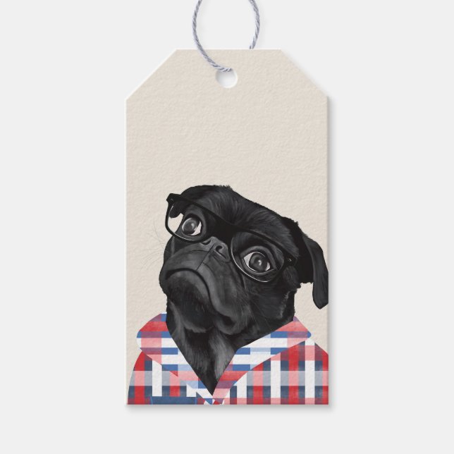 Niedlicher Schwarzer Mops Hund mit Brille und Karo Geschenkanhänger (Vorderseite)