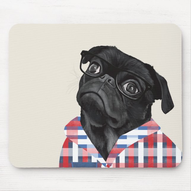 Niedlicher Schwarzer Mops Hund mit Brille und Karo Mousepad (Vorne)
