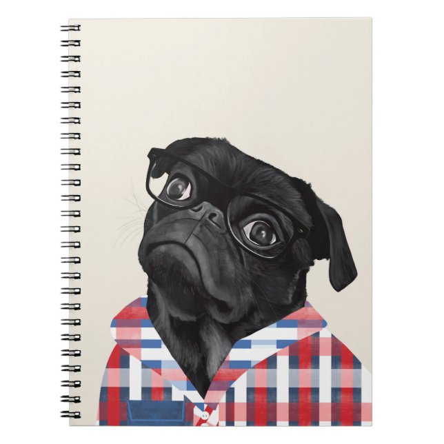 Niedlicher Schwarzer Mops Hund mit Brille und Karo Notizblock (Vorderseite)