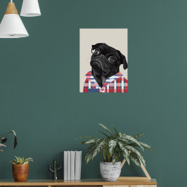 Niedlicher Schwarzer Mops Hund mit Brille und Karo Poster