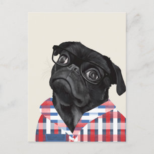Niedlicher Schwarzer Mops Hund mit Brille und Karo Postkarte