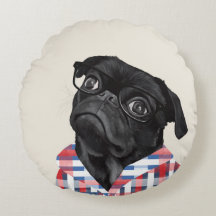 Niedlicher Schwarzer Mops Hund mit Brille und Karo