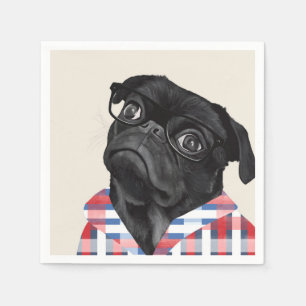 Niedlicher Schwarzer Mops Hund mit Brille und Karo Serviette