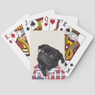 Niedlicher Schwarzer Mops Hund mit Brille und Karo Spielkarten