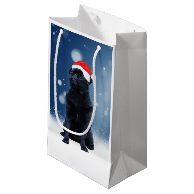 Niedlicher Schwarzer Mops Hund Weihnachten Weihnac Kleine Geschenktüte (Vorderseite Schrägansicht)