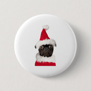 Niedlicher Schwarzer Mops in der Weihnachtsmannmüt Button