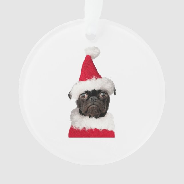 Niedlicher Schwarzer Mops in der Weihnachtsmannmüt Ornament (Vorderseite)