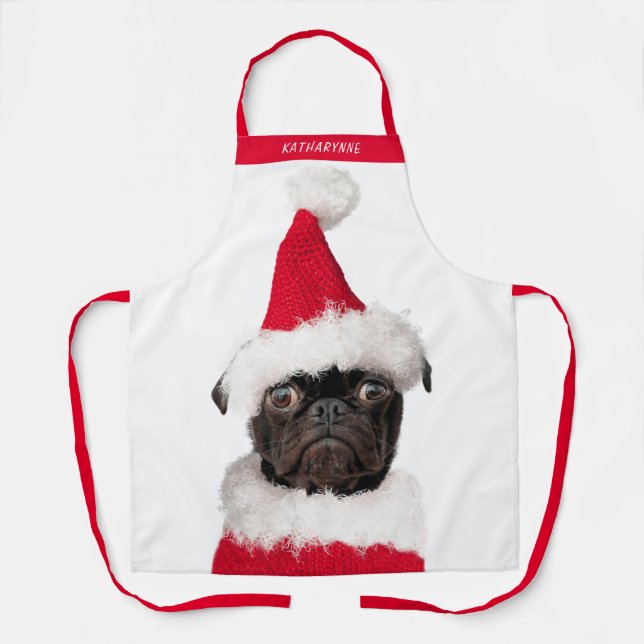 Niedlicher Schwarzer Mops in der Weihnachtsmannmüt Schürze (Vorderseite)
