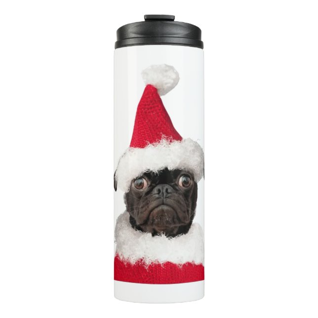 Niedlicher Schwarzer Mops in der Weihnachtsmannmüt Thermosbecher (Vorderseite)