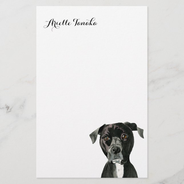 Niedlicher schwarzer Pitbull Hund tief im Gedanken Briefpapier (Vorderseite)