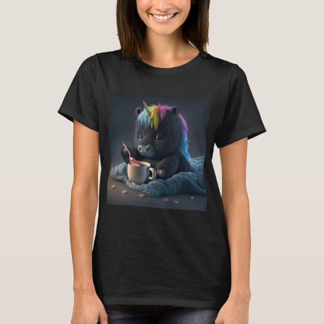 Niedlicher schwarzer Regenbogen-Einhorn-T - Shirt (Vorderseite)