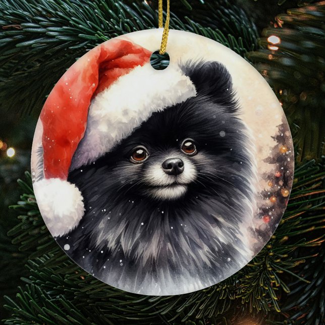 Niedlicher Schwarzer Spitz Weihnachten Keramik Ornament (Von Creator hochgeladen)