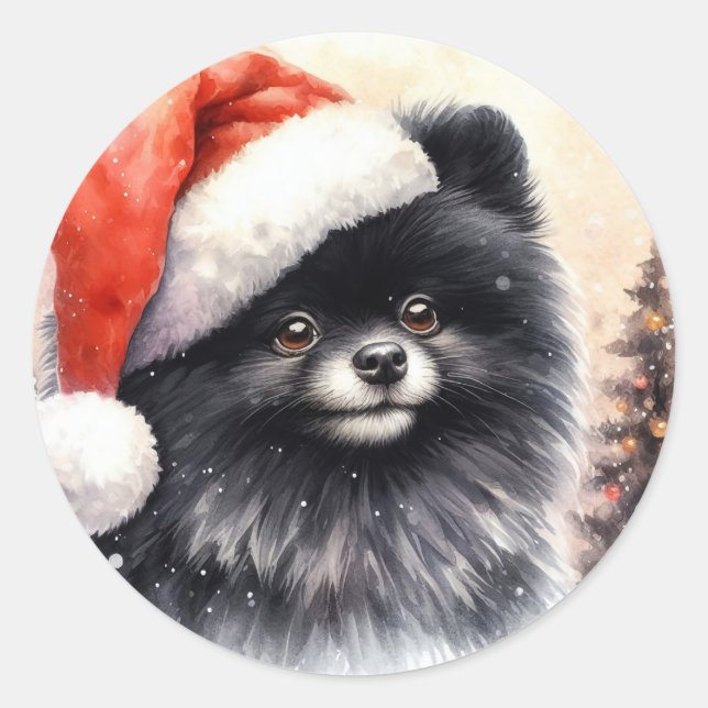 Niedlicher Schwarzer Spitz Weihnachten Runder Aufkleber (Vorderseite)