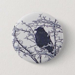 Niedlicher schwarzer Vogel in verschneiten Ästen Button