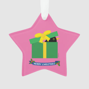 Niedlicher Schwarzvogel, der aus einer Geschenkbox Ornament