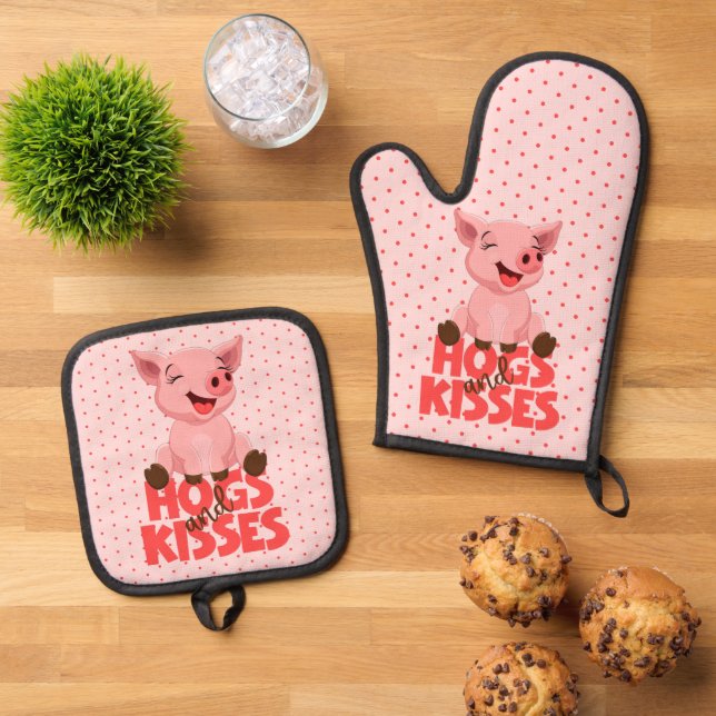 Niedlicher Schweinerpuppen Ofenhandschuh & Topflappen-Set (Oben Unten)