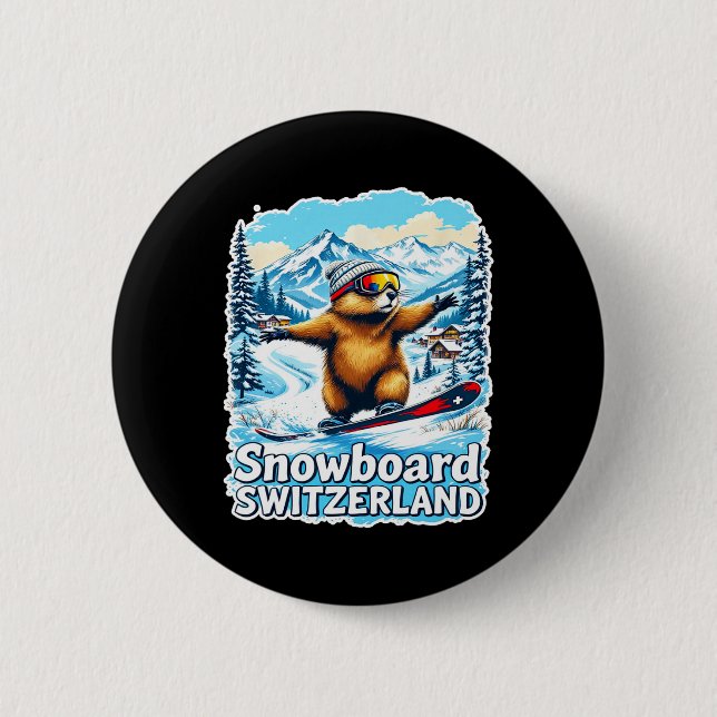 Niedlicher Schweizer Marmot Snowboarden Landschaft Button (Vorderseite)