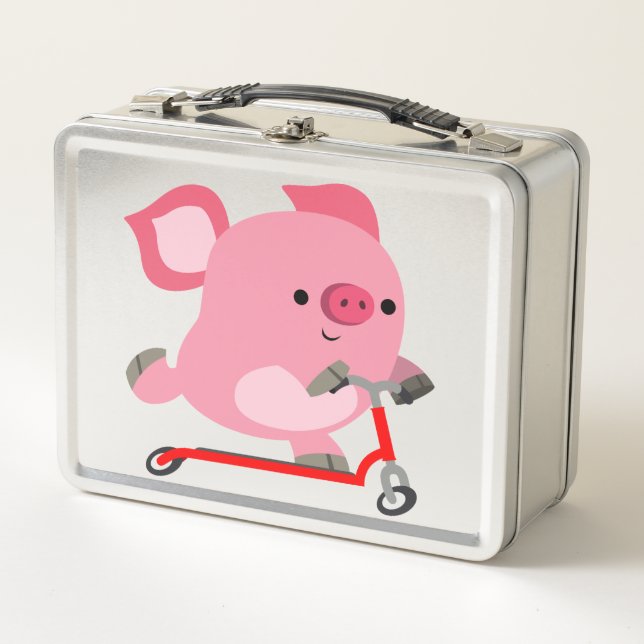 Niedlicher Scooter-Riding-Cartoon Pig Metall Brotdose (Vorderseite)