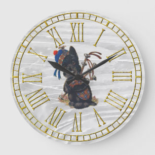 Niedlicher Scottie, der Bagpipes spielt Große Wanduhr