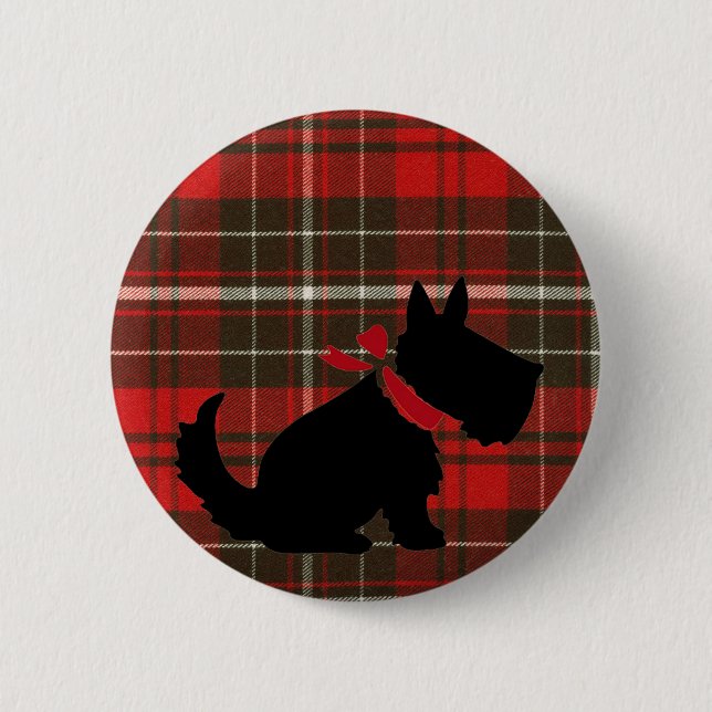 Niedlicher Scotty Hund u. roter Tartan Button (Vorderseite)