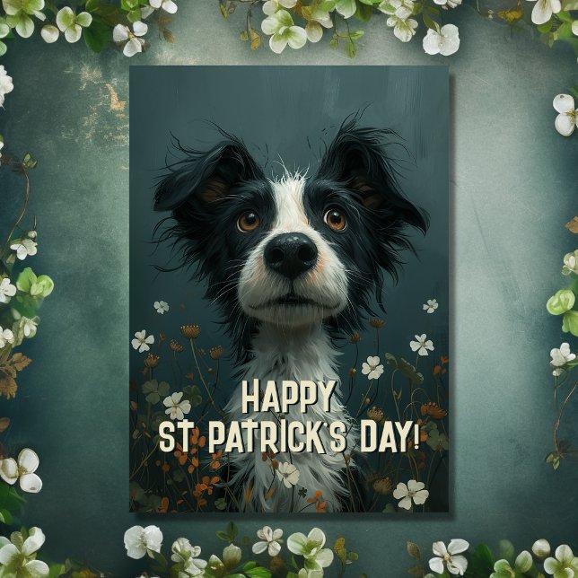Niedlicher Scruffy Hund und Kleeblätter St Patrick Karte (Front - Cute Scruffy Dog and Shamrocks St Patrick's Day Card)