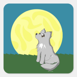 Niedlicher Scruffy Wolf mit Mond Quadratischer Aufkleber
