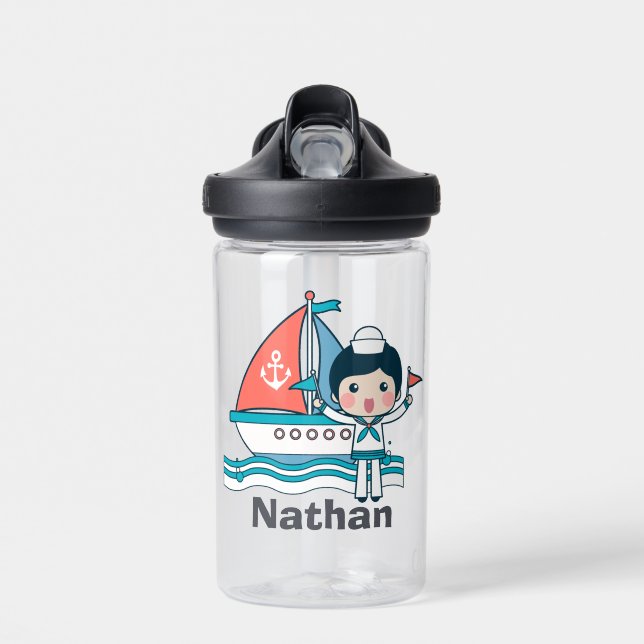 Niedlicher Seefahrer und Personalisiertes Schiff Trinkflasche (Vorne)