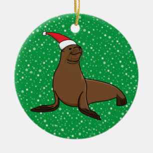 Niedlicher Seelöwe in der Weihnachtsmannmütze Weih Keramik Ornament