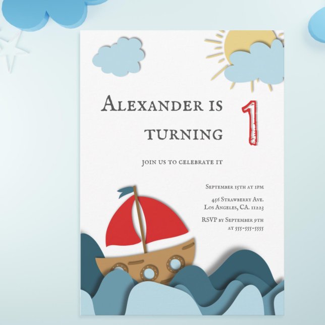 Niedlicher Segel Boat Boy Erstgeburt Einladung (Cute boat first birthday invitation by Kinda Cute by Patricia Alvarez)
