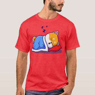 Niedlicher Shiba Inu Hund schlafen mit Kissen und T-Shirt