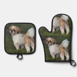 Niedlicher Shih Tzu Ofenhandschuh & Topflappen-Set