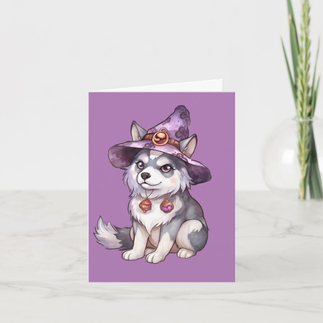 Niedlicher sibirischer Husky-Hund in Hexenhut Dankeskarte (Vorderseite)
