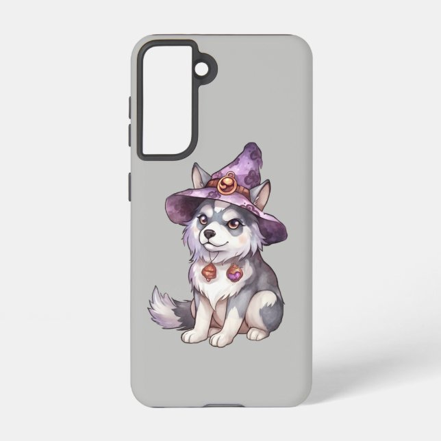 Niedlicher sibirischer Husky-Hund in Hexenhut Samsung Galaxy Hülle (Rückseite)