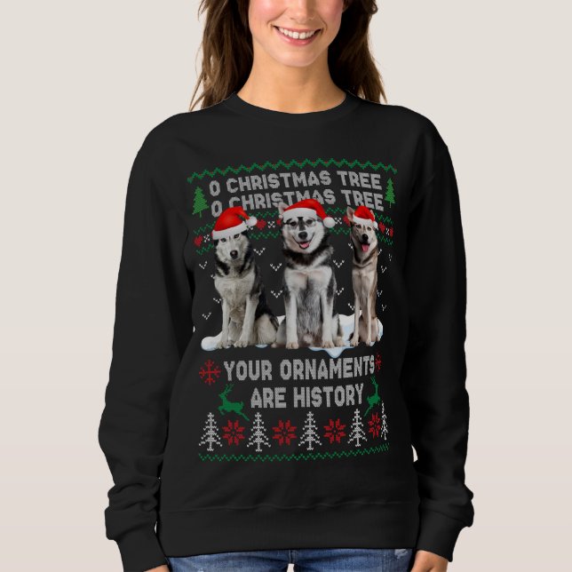 Niedlicher sibirischer Husky Hund Oh Weihnachtsbau Sweatshirt (Vorderseite)