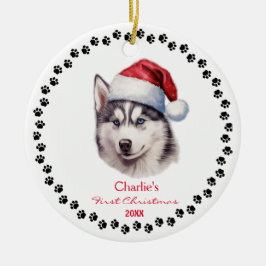 Niedlicher sibirischer Husky-Hund Weihnachtsmannmü Keramik Ornament