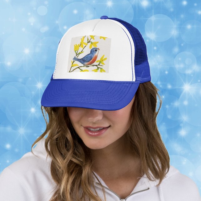 Niedlicher Singing Blue Bird Tree Truckerkappe (Little singing blue red bird on branch yellow flowers on ball cap.)