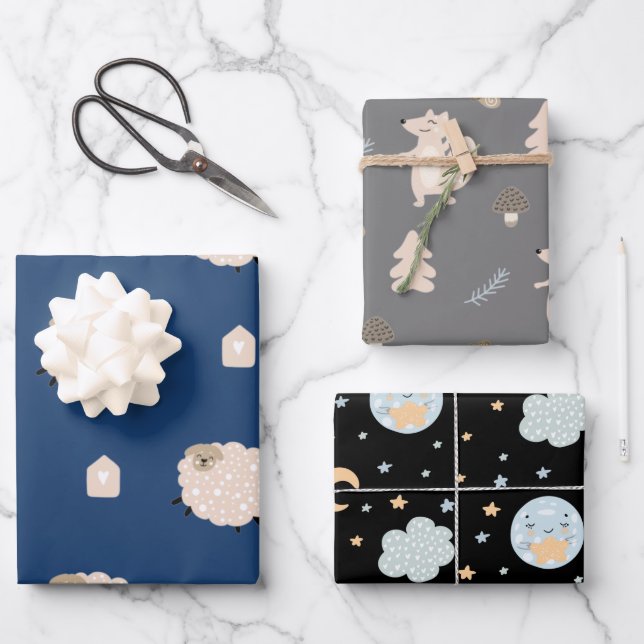 Niedlicher skandinavischer Schaffox Moon Baby Boy Geschenkpapier Set (Vorderseite)