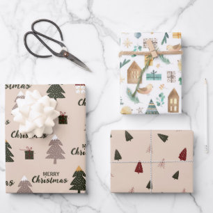 niedlicher skandinavischer Weihnachtsbaum Geschenkpapier Set