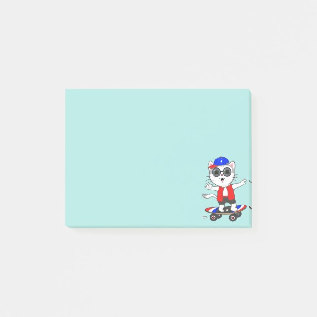 Niedlicher Skater Cat on Light Aquamarin Blue Post Post-it Klebezettel (Vorderseite)