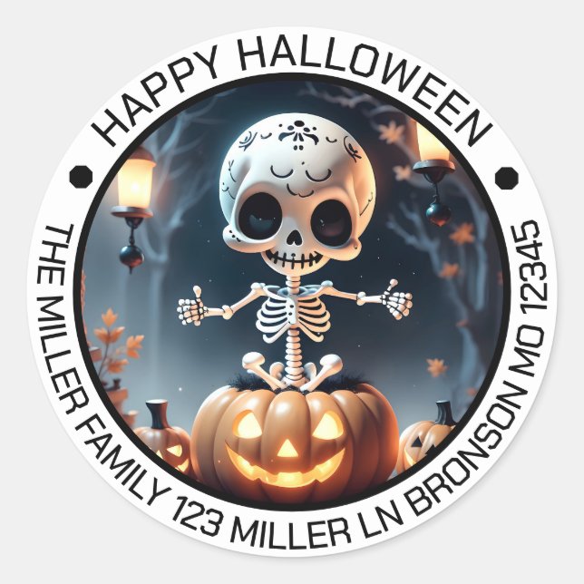 Niedlicher Skelett- und Pumpkins-Umschlag Aufklebe Runder Aufkleber (Vorderseite)
