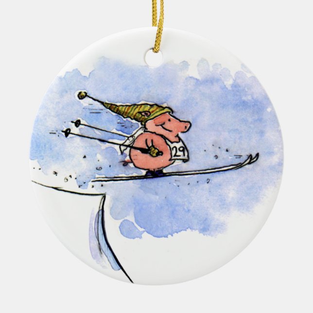 Niedlicher Skisprung Schweinchen Winterurlaub Weih Keramikornament (Vorne)