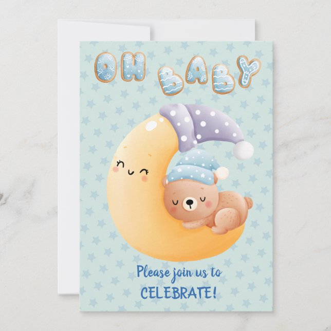 Niedlicher Sleepy Bär auf der Moon Baby Dusche Einladung (Vorderseite)